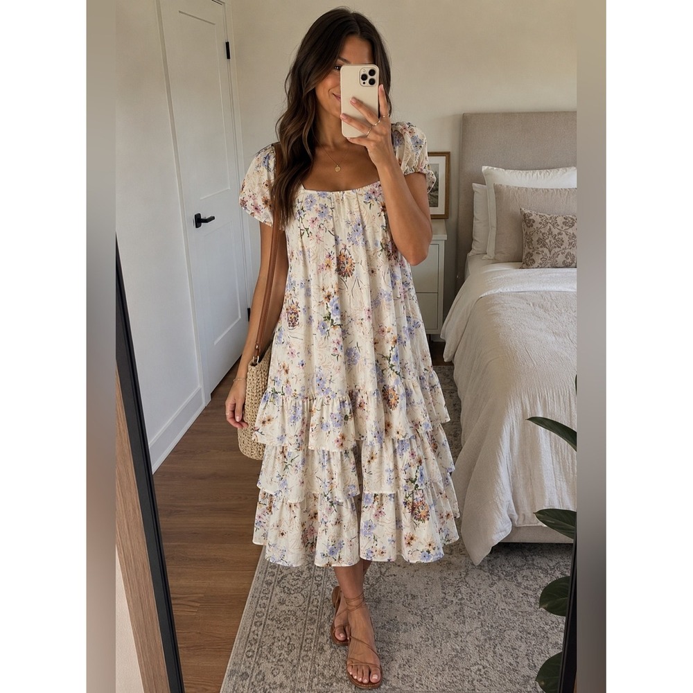 Anthropologie Tiered Floral Cap-Sleeve Dress Size S